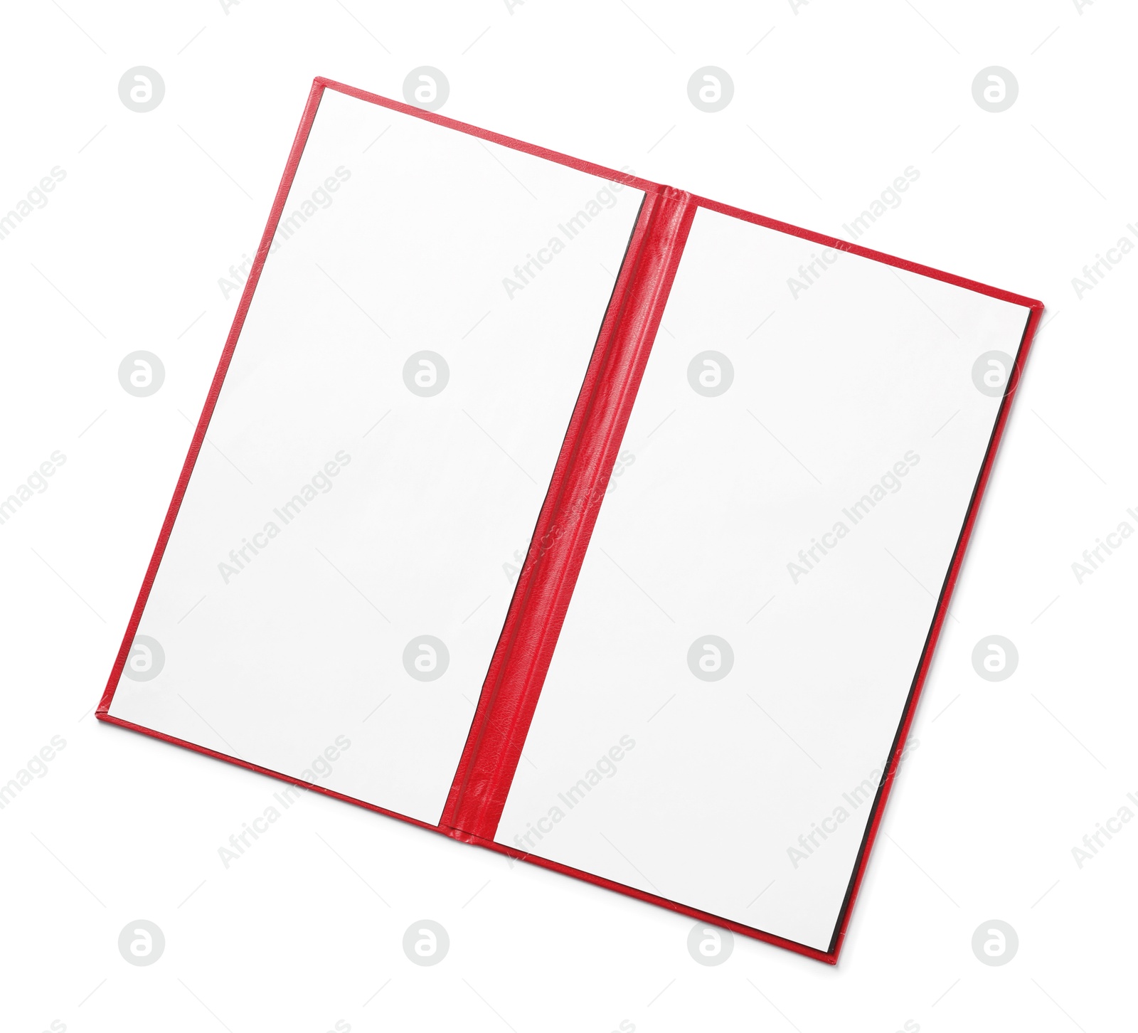 Photo of One hardcover notebook with blank sheets isolated on white, top view. Mockup for design