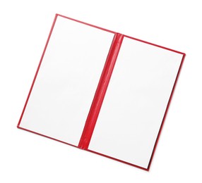 Photo of One hardcover notebook with blank sheets isolated on white, top view. Mockup for design