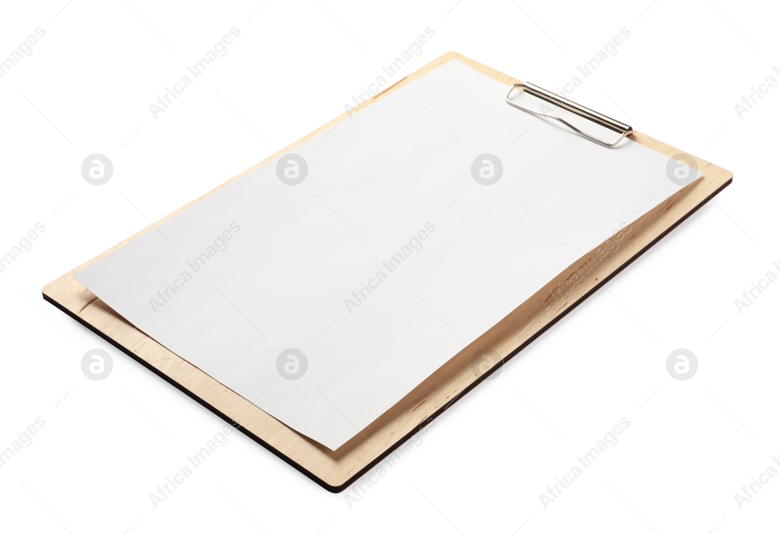 Photo of Clipboard with empty paper isolated on white. Mockup for design