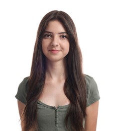 Photo of Portrait of beautiful teenage girl on white background