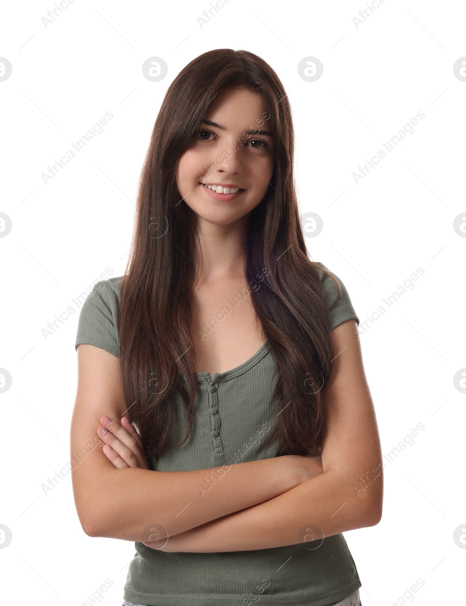 Photo of Portrait of beautiful teenage girl on white background