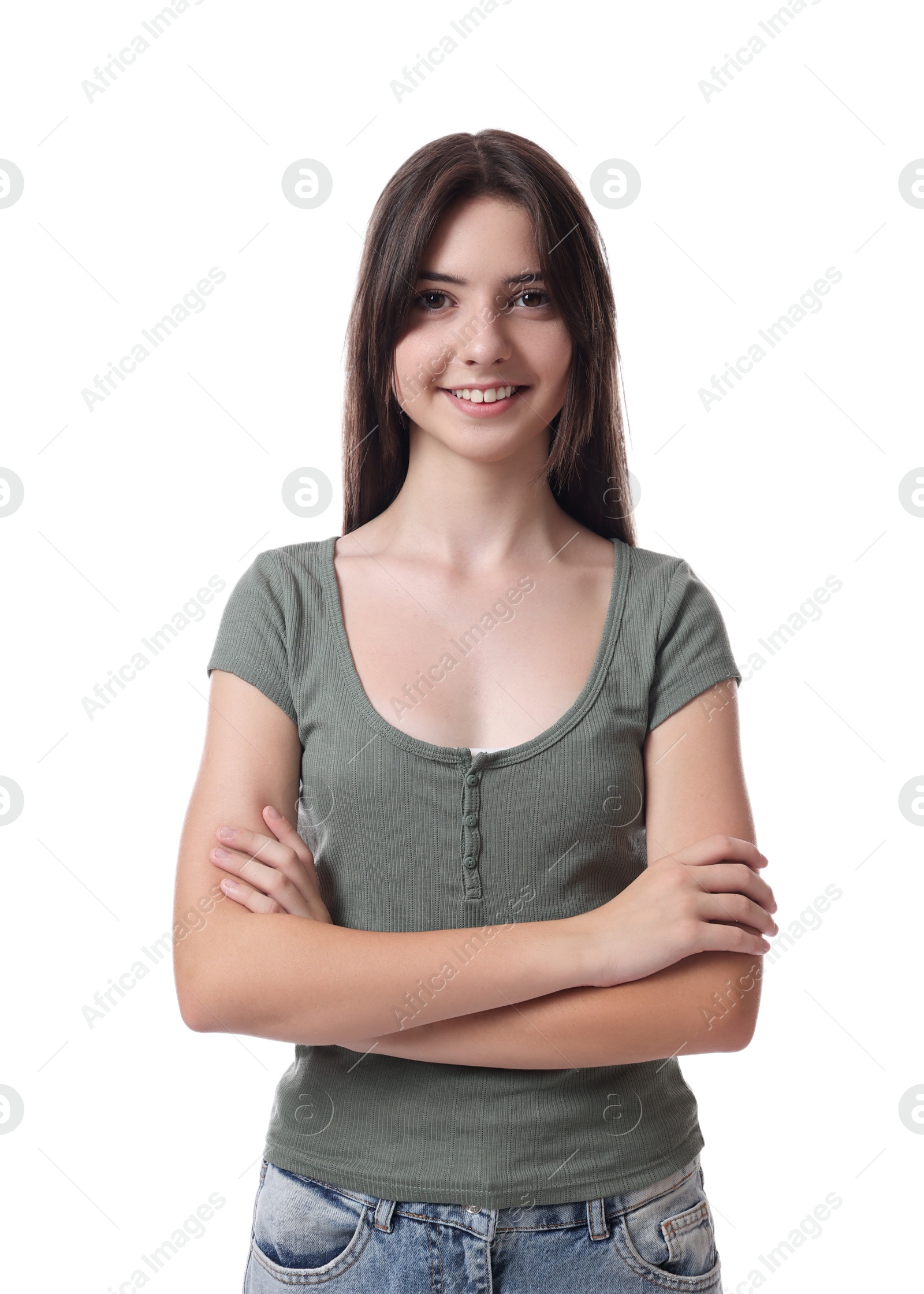 Photo of Portrait of beautiful teenage girl on white background