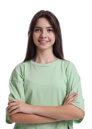 Portrait of beautiful teenage girl on white background