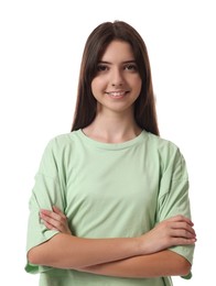 Portrait of beautiful teenage girl on white background