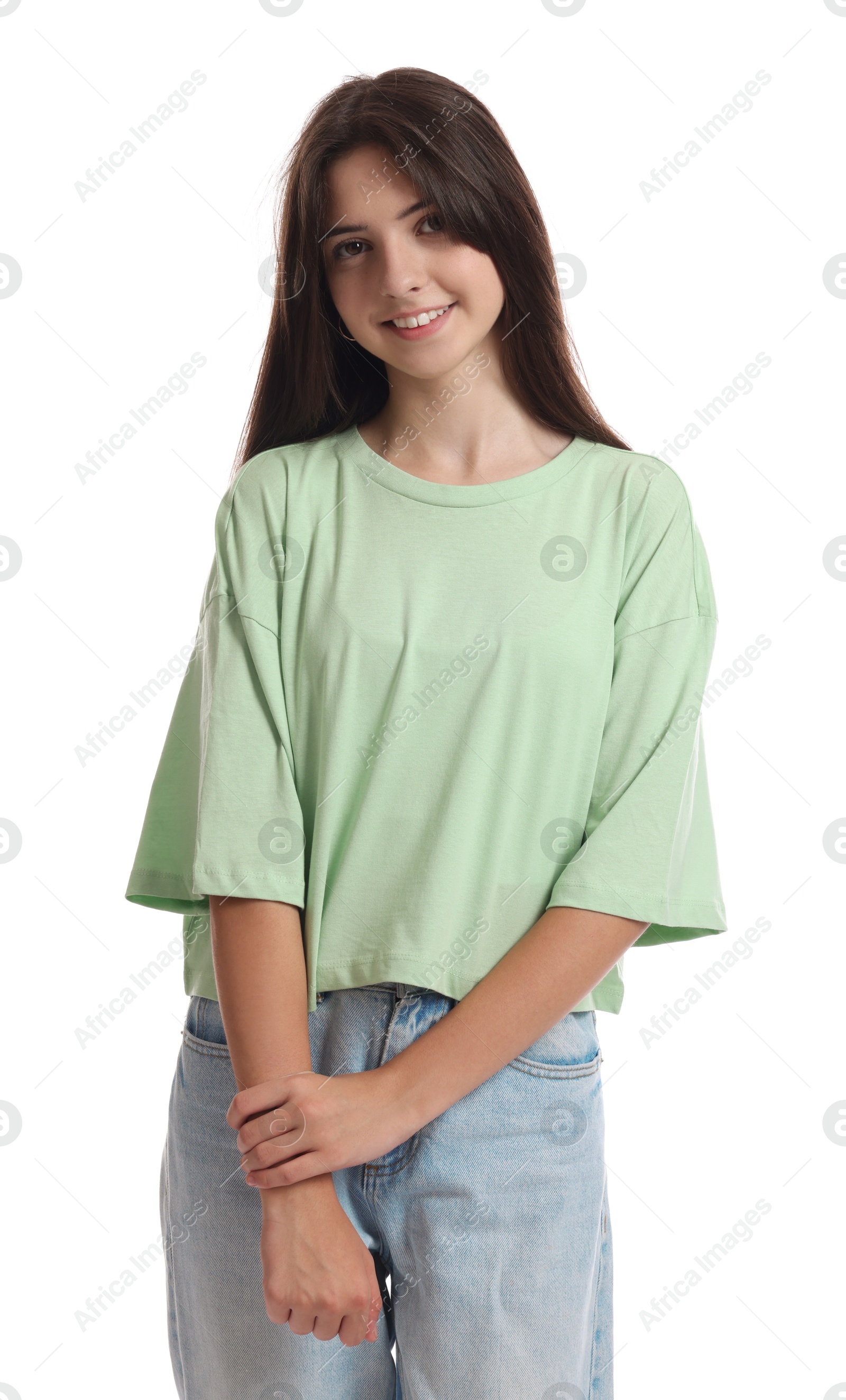 Photo of Portrait of beautiful teenage girl on white background