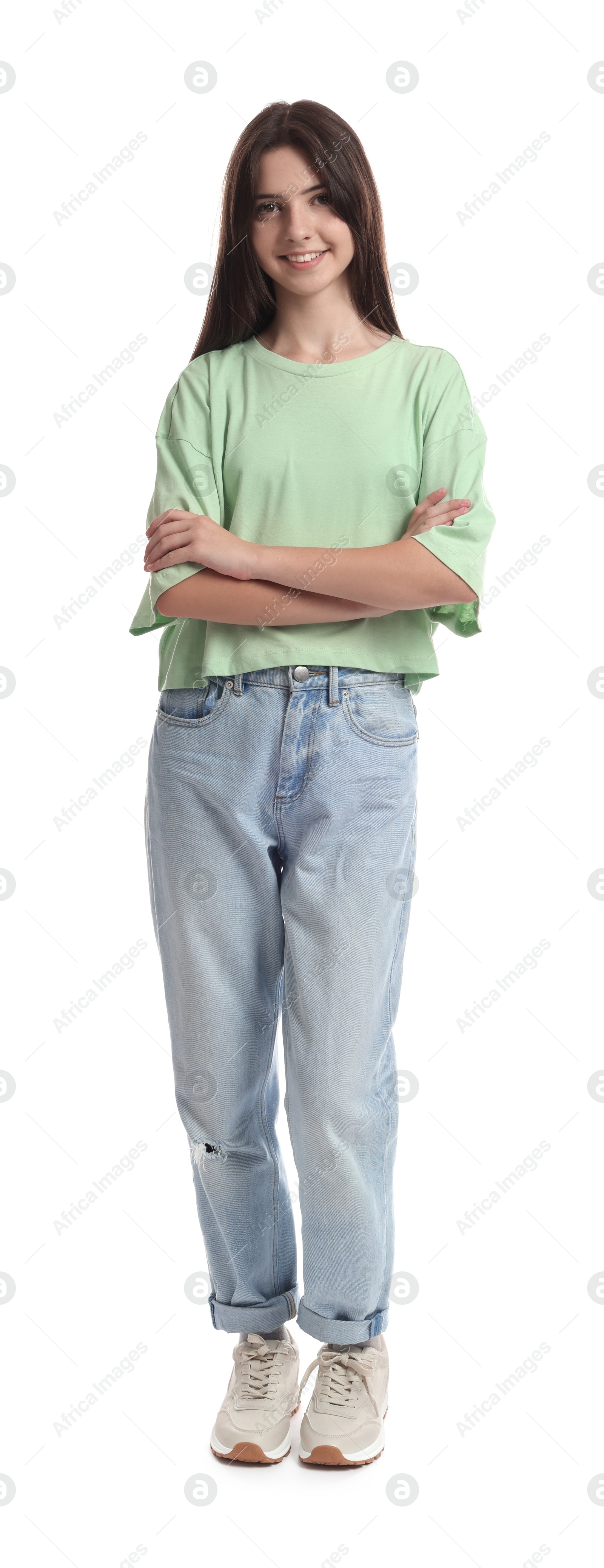 Photo of Full length portrait of beautiful teenage girl on white background