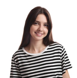 Portrait of beautiful teenage girl on white background