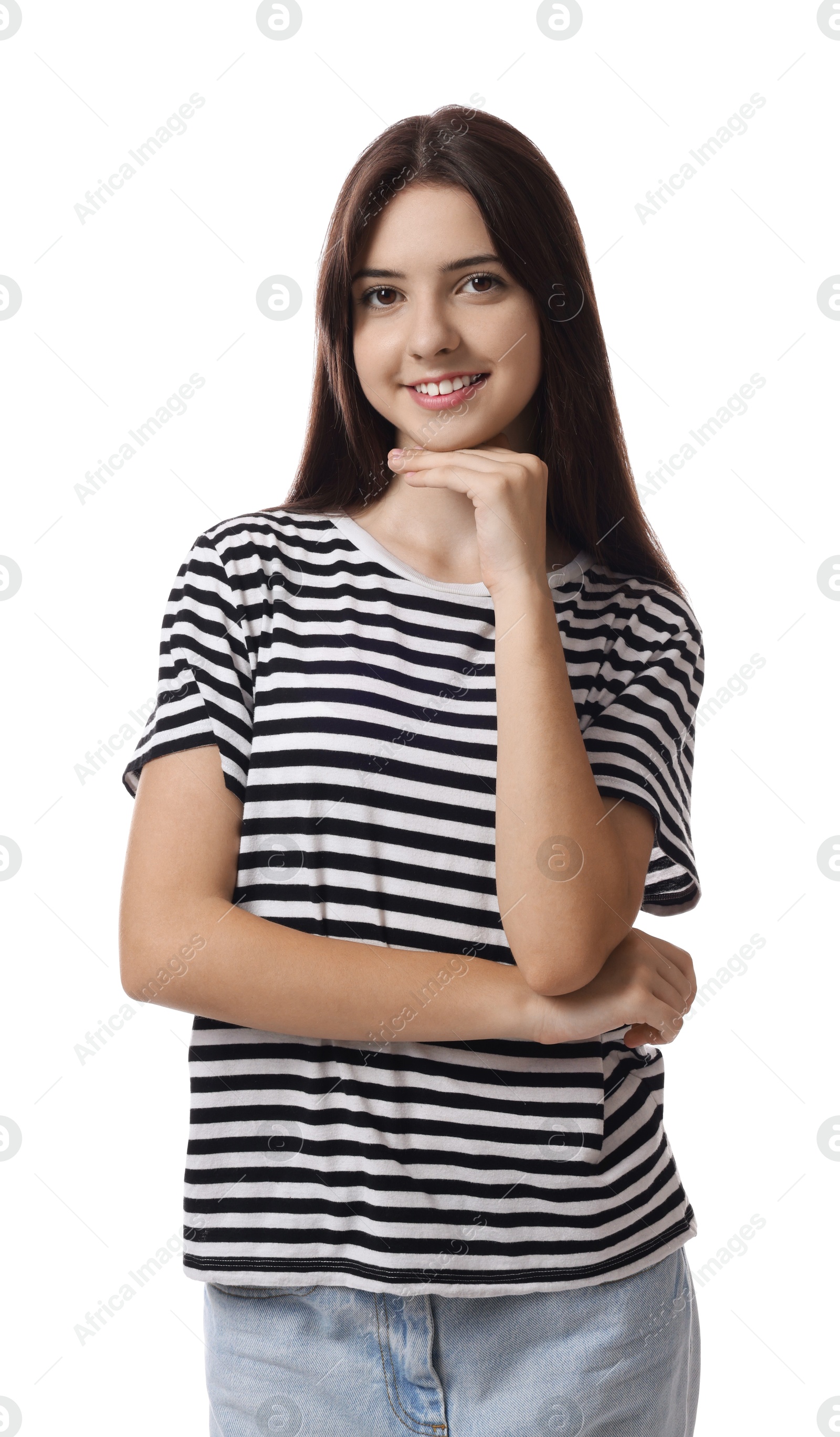 Photo of Portrait of beautiful teenage girl on white background