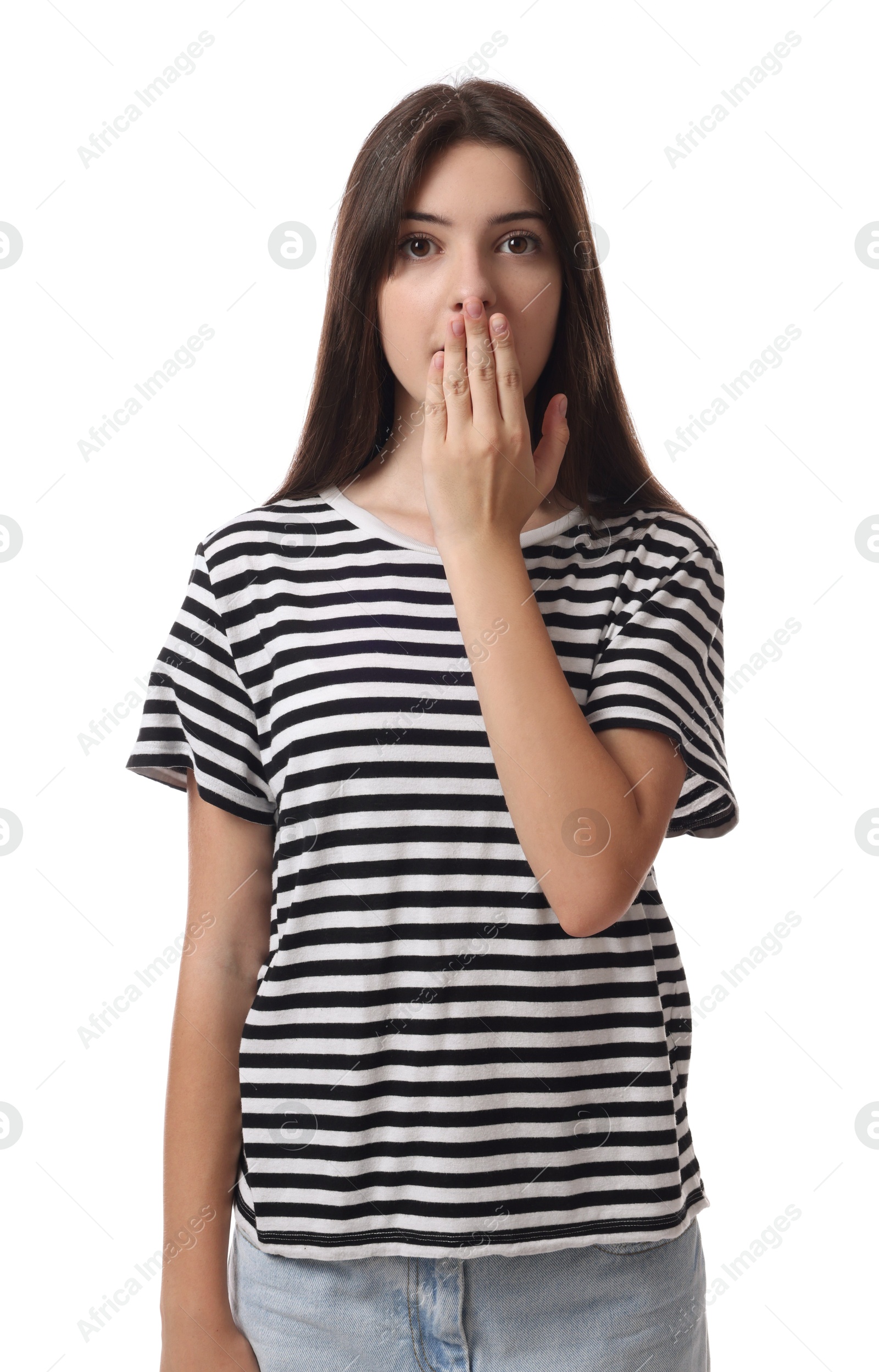 Photo of Portrait of surprised teenage girl on white background