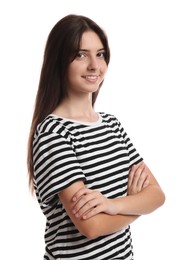 Photo of Portrait of beautiful teenage girl on white background