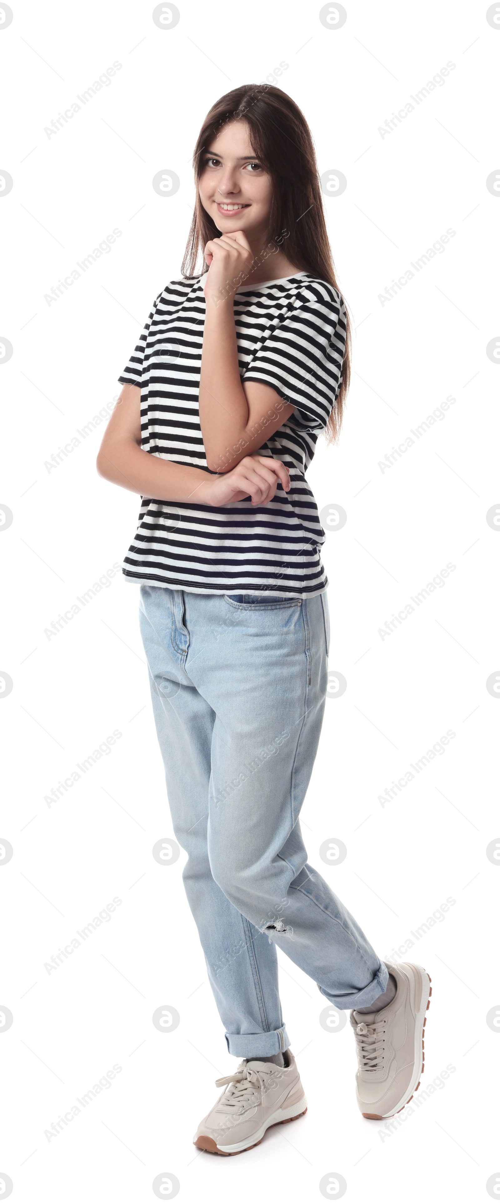 Photo of Full length portrait of beautiful teenage girl on white background