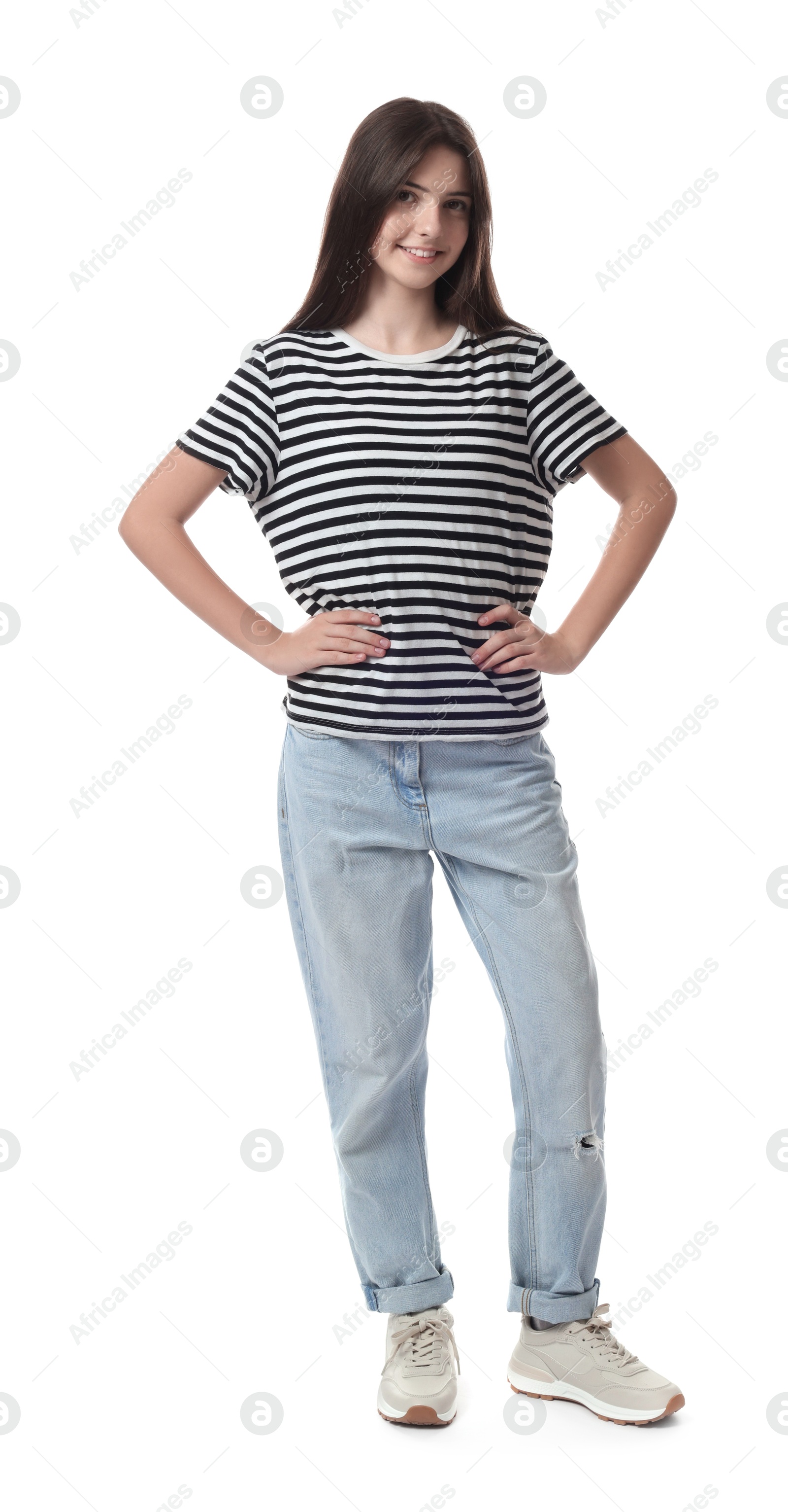 Photo of Full length portrait of beautiful teenage girl on white background