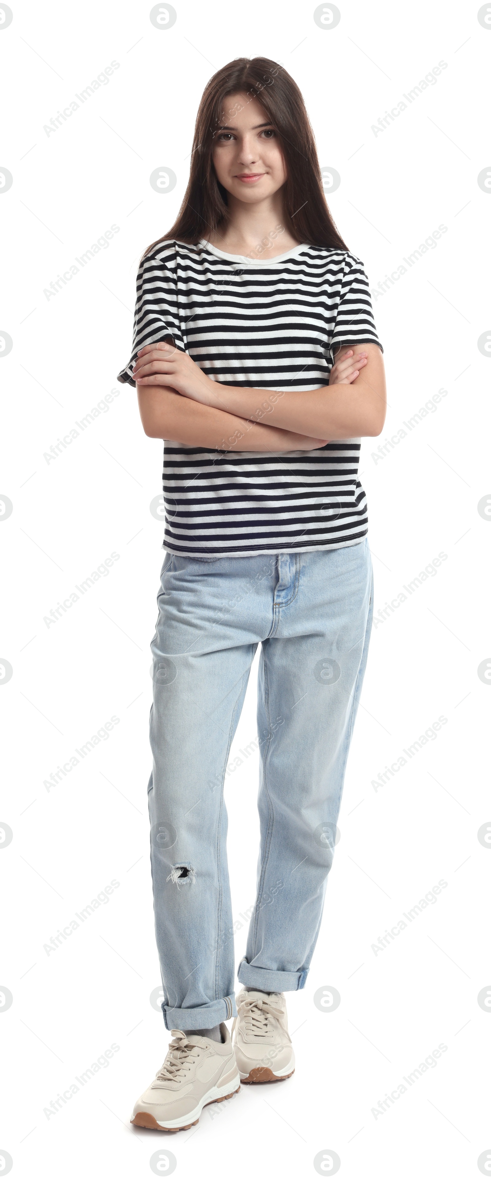 Photo of Full length portrait of beautiful teenage girl on white background