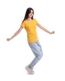 Full length portrait of teenage girl on white background