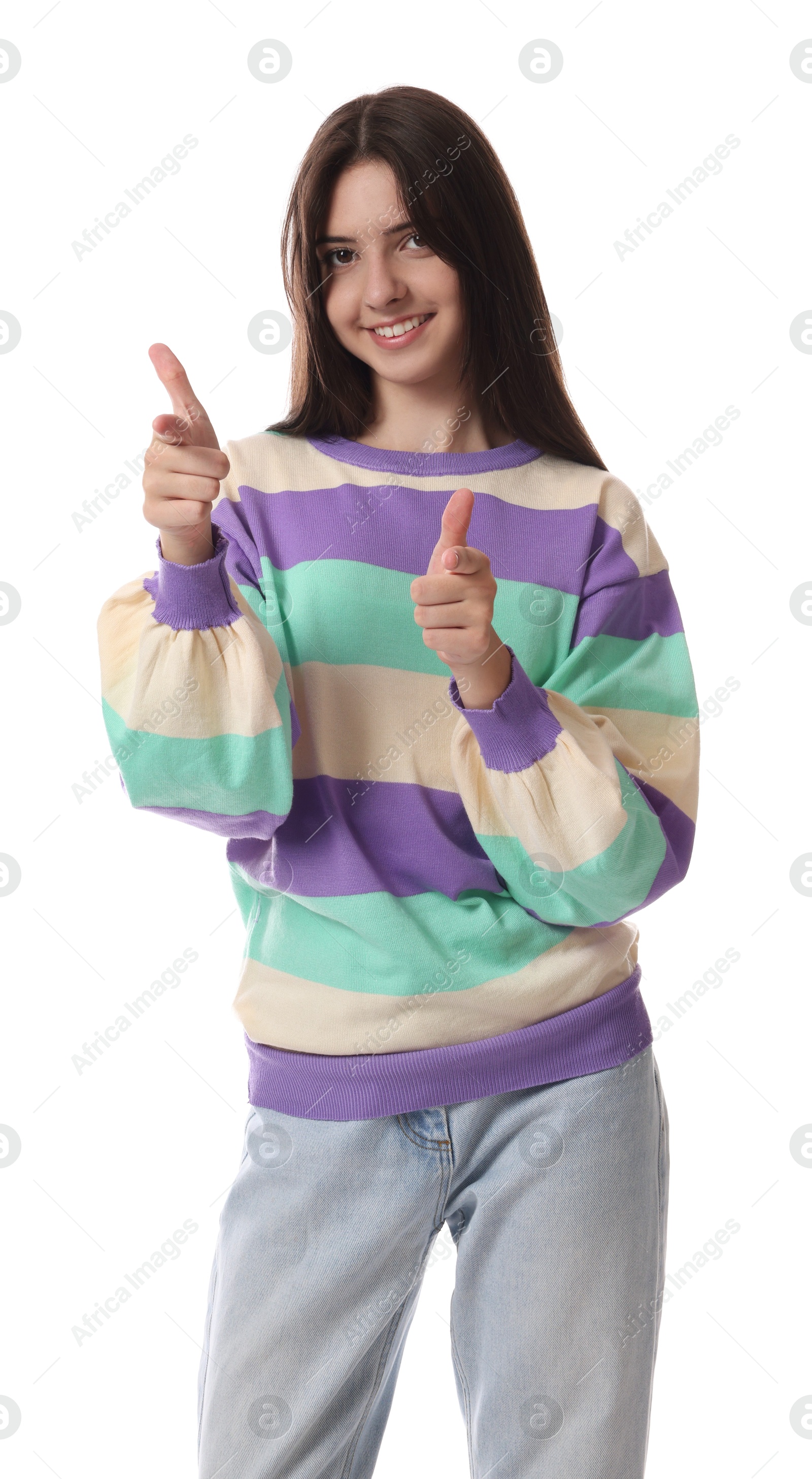 Photo of Portrait of cheerful teenage girl on white background