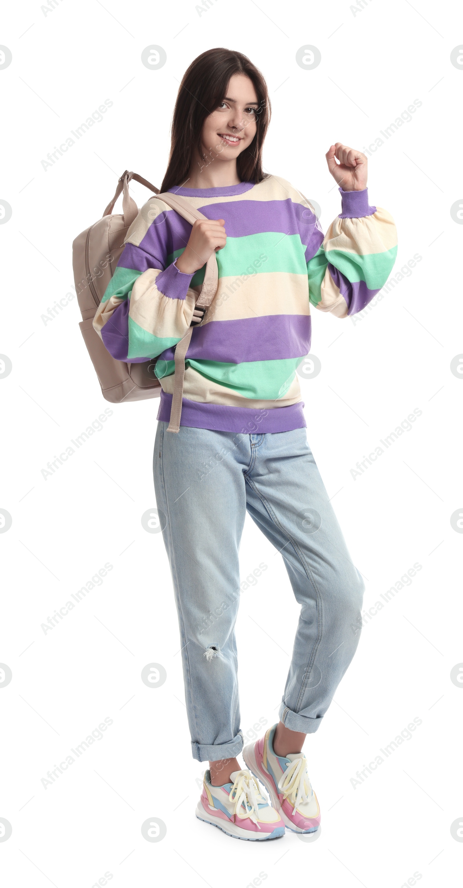 Photo of Cute teenage girl with backpack on white background