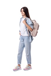 Smiling teenage girl with backpack on white background