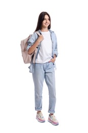 Smiling teenage girl with backpack on white background