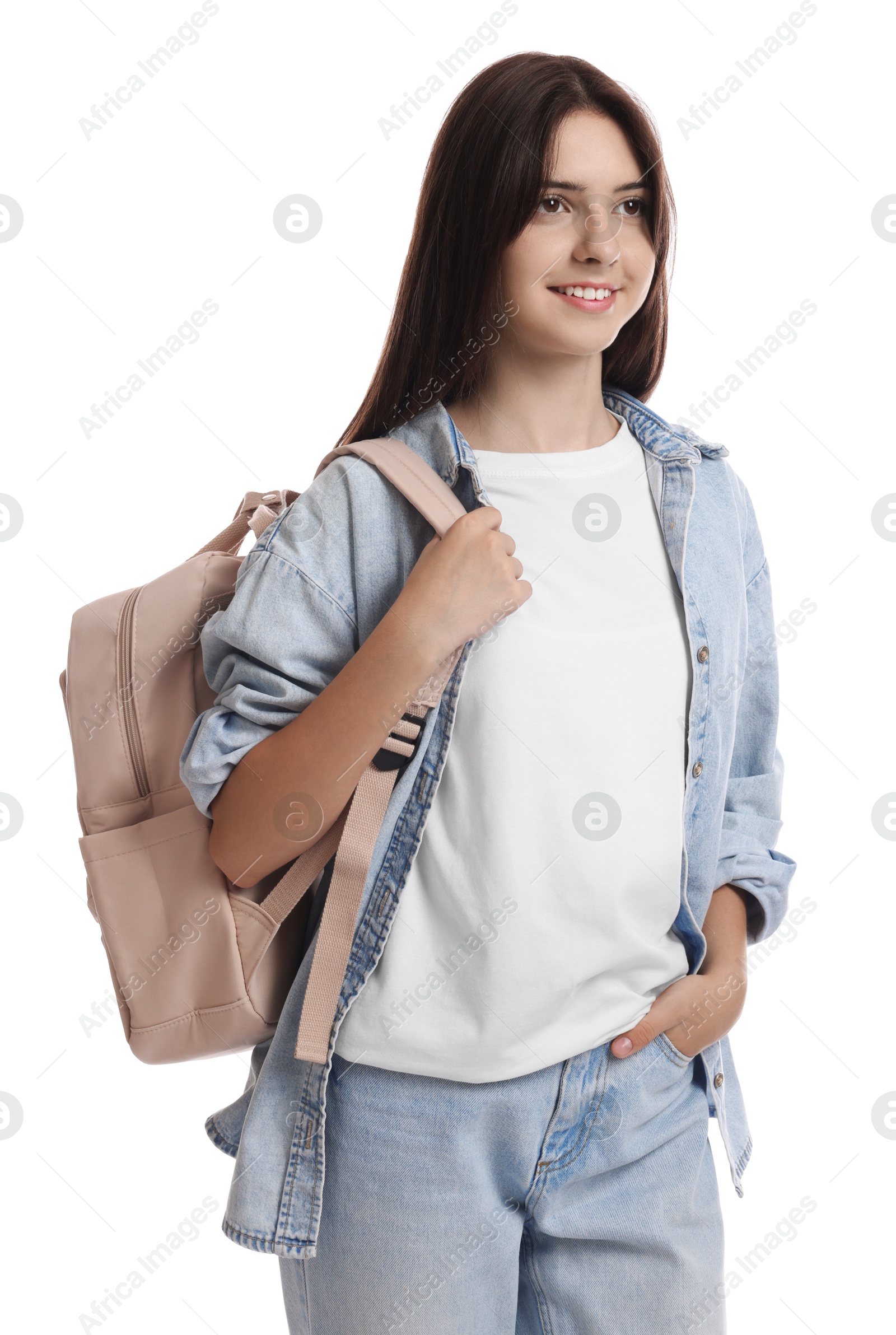 Photo of Portrait of smiling teenage girl with backpack on white background