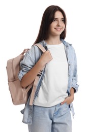 Portrait of smiling teenage girl with backpack on white background