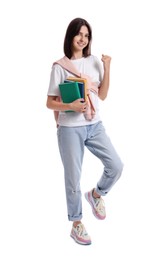 Cute teenage girl with books on white background