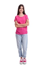 Photo of Full length portrait of teenage girl on white background