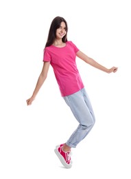 Photo of Full length portrait of teenage girl on white background