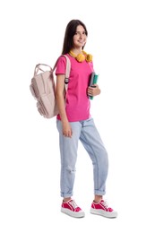 Photo of Smiling teenage girl with backpack and books on white background