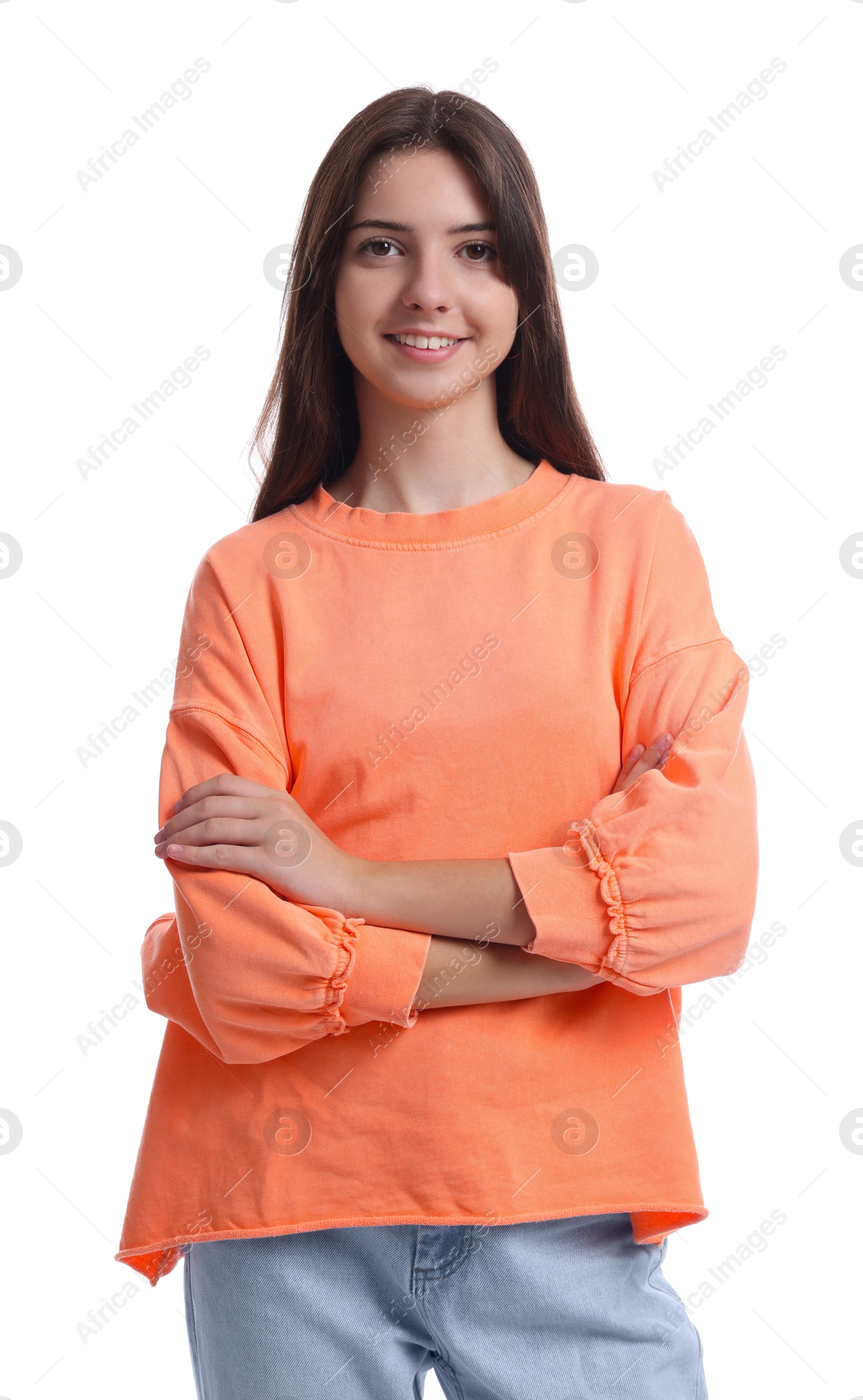 Photo of Portrait of cute teenage girl on white background