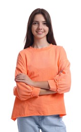 Photo of Portrait of cute teenage girl on white background