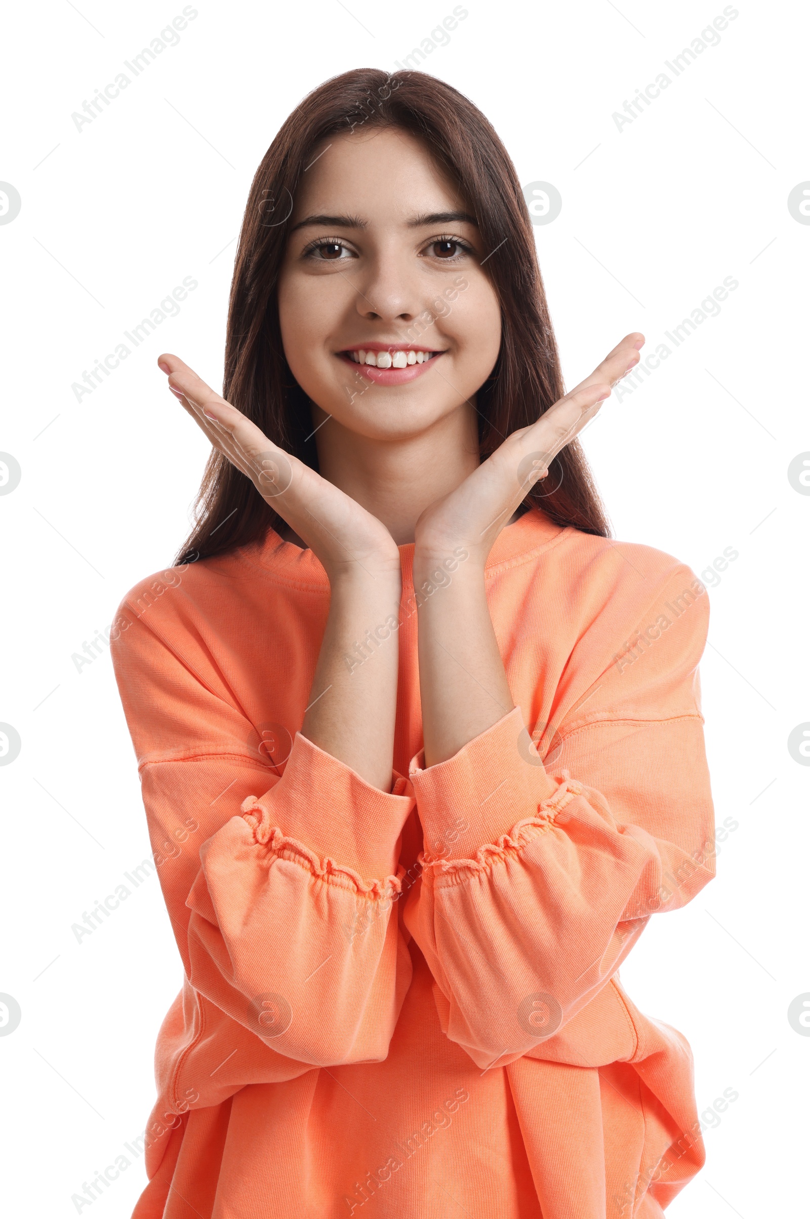 Photo of Portrait of cute teenage girl on white background