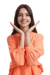 Portrait of cute teenage girl on white background