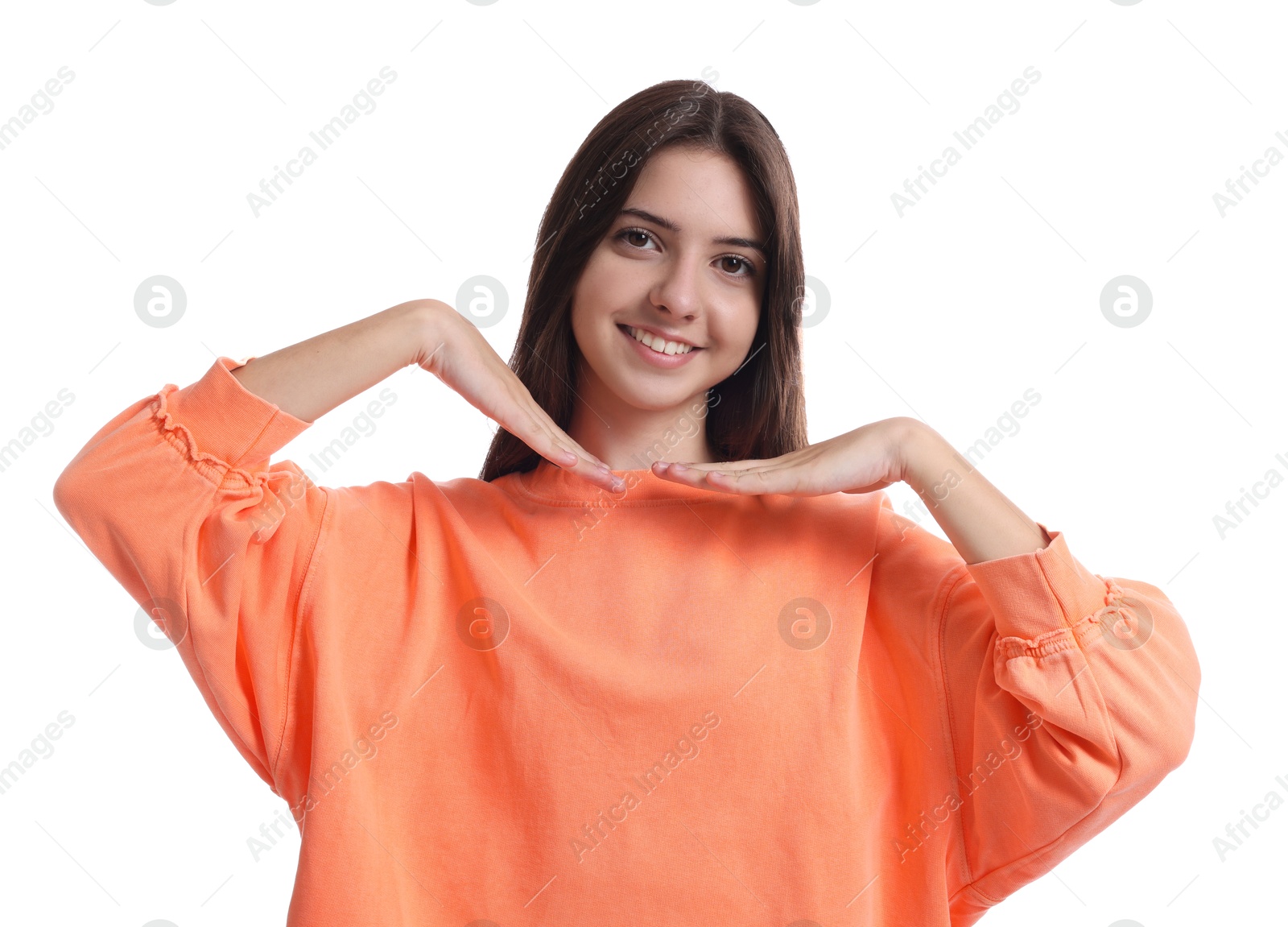 Photo of Portrait of cute teenage girl on white background