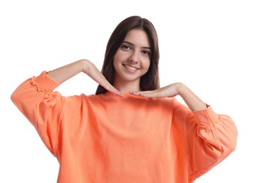 Portrait of cute teenage girl on white background