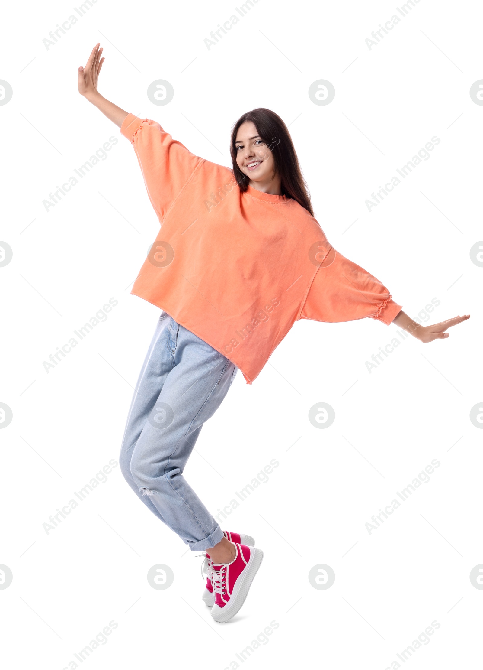 Photo of Full length portrait of teenage girl on white background