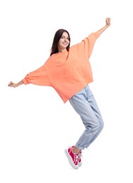 Full length portrait of teenage girl on white background