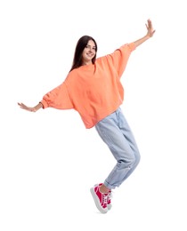 Full length portrait of teenage girl on white background