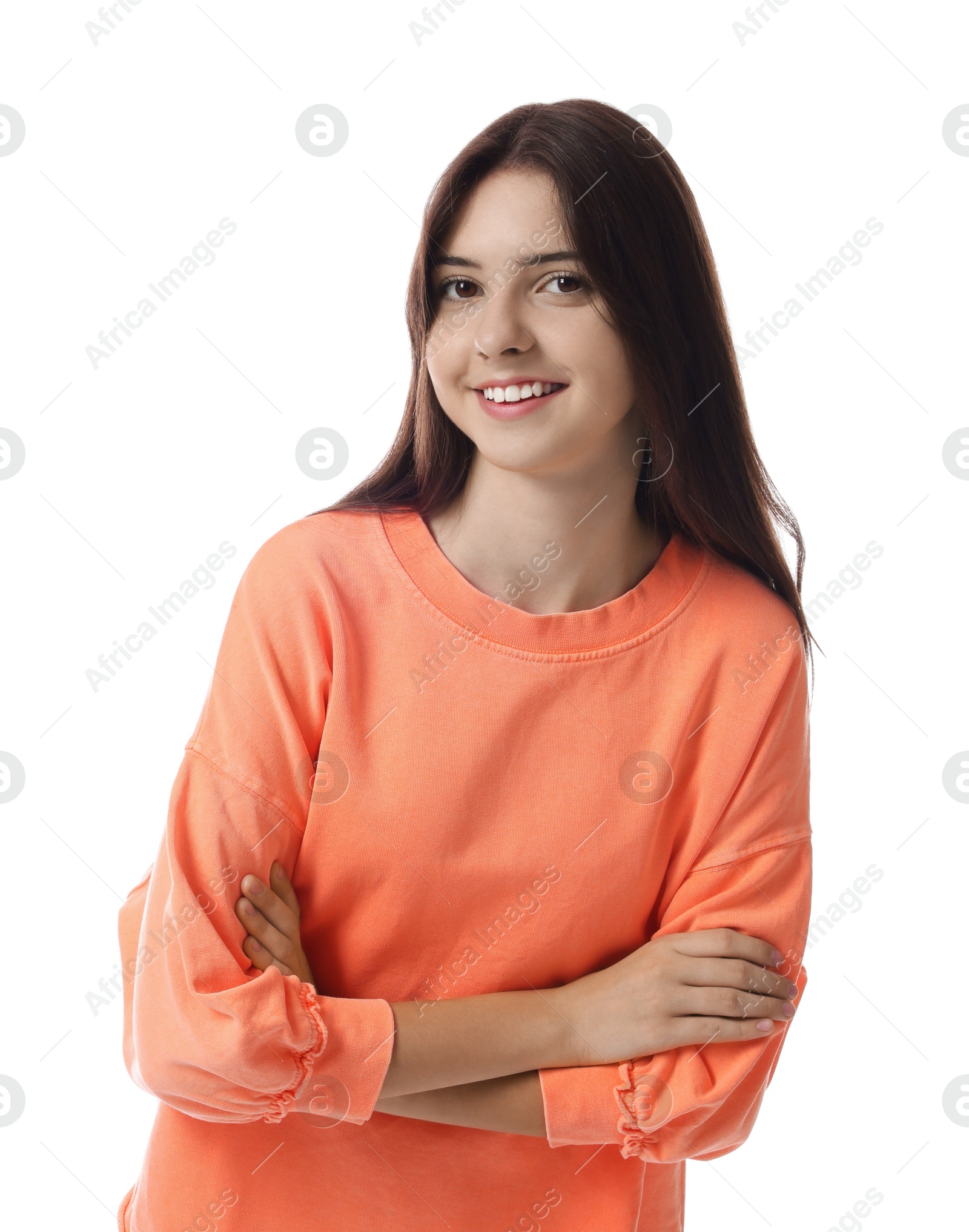 Photo of Portrait of smiling teenage girl on white background