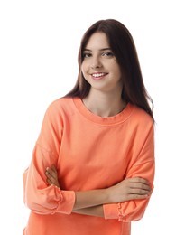 Photo of Portrait of smiling teenage girl on white background