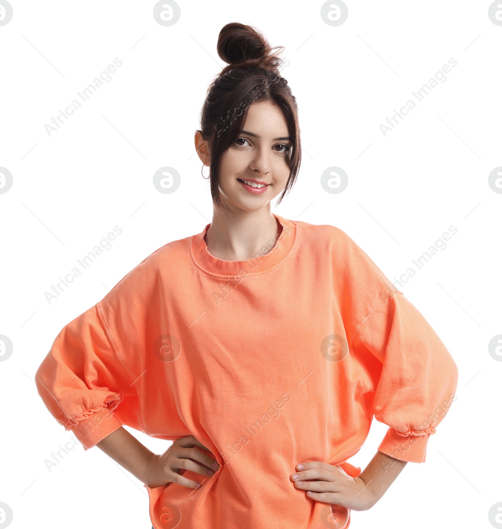 Photo of Portrait of smiling teenage girl on white background