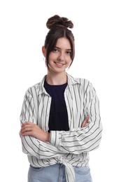 Photo of Portrait of smiling teenage girl on white background