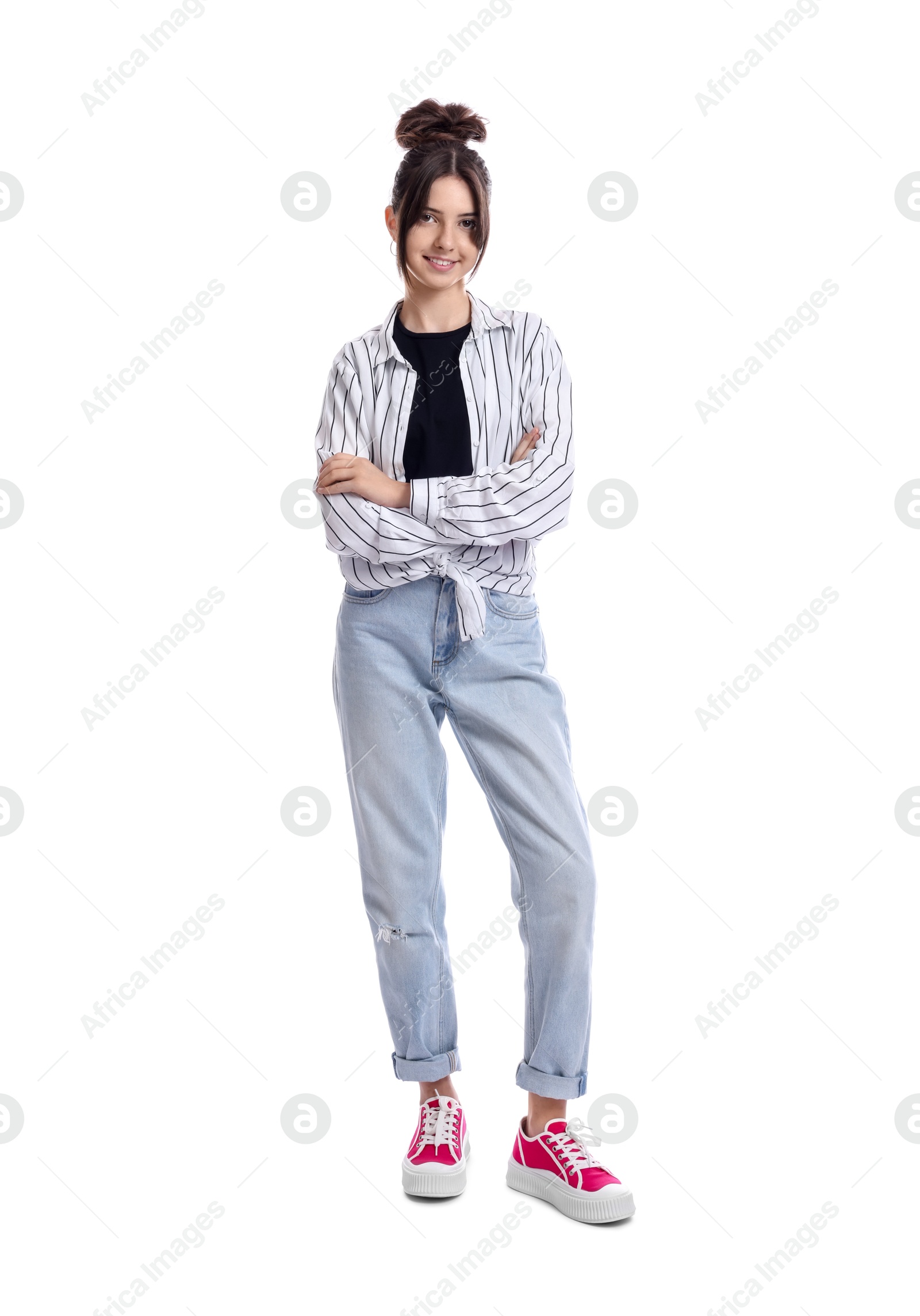 Photo of Full length portrait of teenage girl on white background