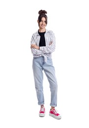 Full length portrait of teenage girl on white background