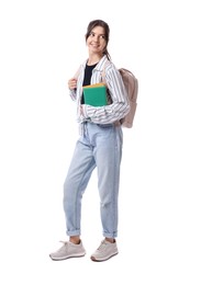 Cute teenage girl with backpack and books on white background