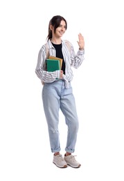 Teenage girl with books waving hello on white background