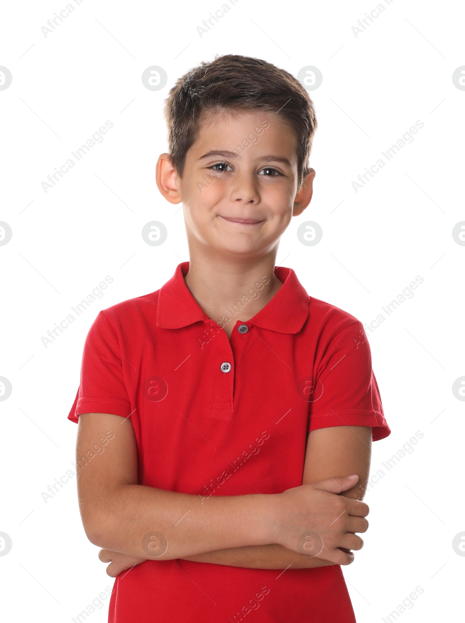 Photo of Portrait of cute little boy on white background