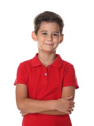 Photo of Portrait of cute little boy on white background