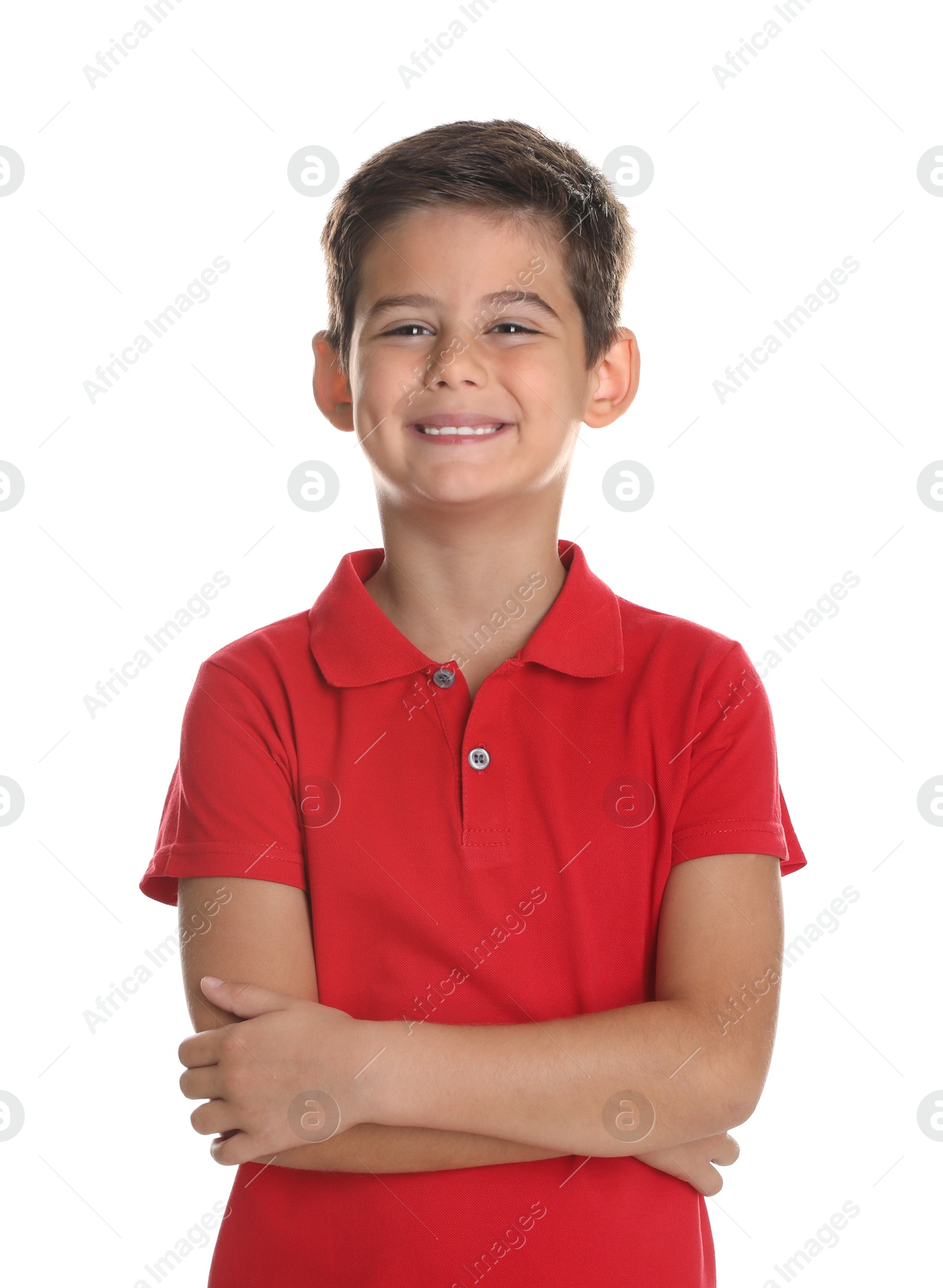 Photo of Portrait of cute little boy on white background