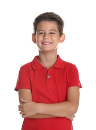 Portrait of cute little boy on white background