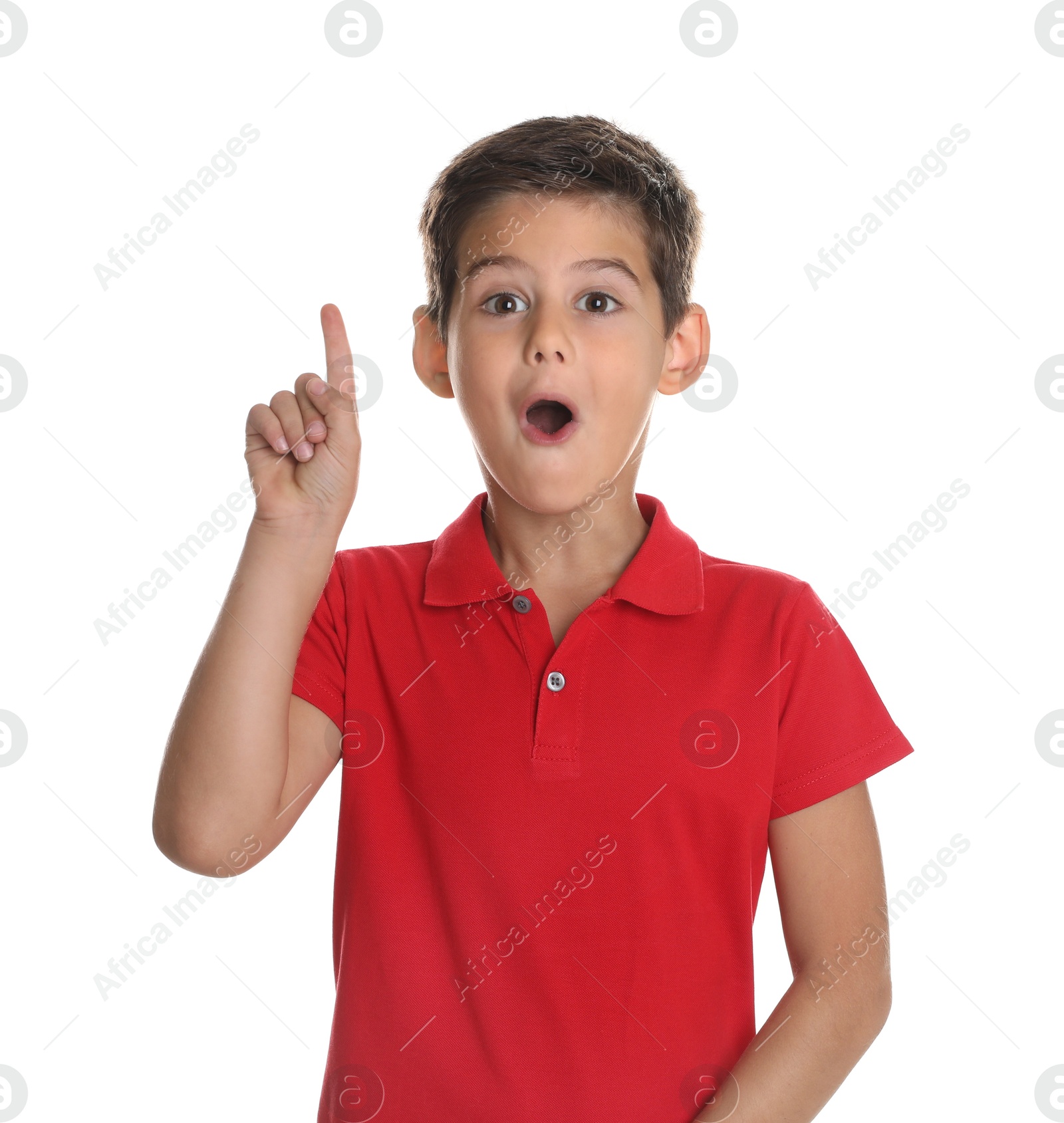 Photo of Portrait of cute little boy on white background